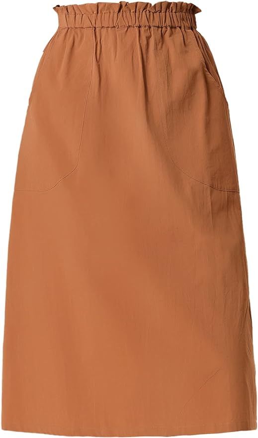 Allegra K Women's Casual Cotton Skirt Elastic Waist Scrub Peasant A-Line Midi Skirts with Pockets | Amazon (US)
