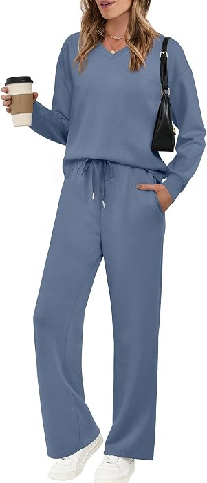 WIHOLL Lounge Sets for Women 2026 V Neck 2 Piece Outfits Airport Wide Leg Pants Matching Set Swea... | Amazon (US)
