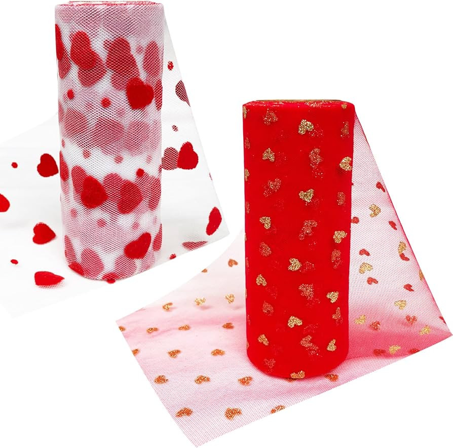 2 Rolls Heart Mesh Tulle Roll Ribbon Valentine's Day Netting Roll Tulle Fabric Mesh Ribbon Roll f... | Amazon (US)