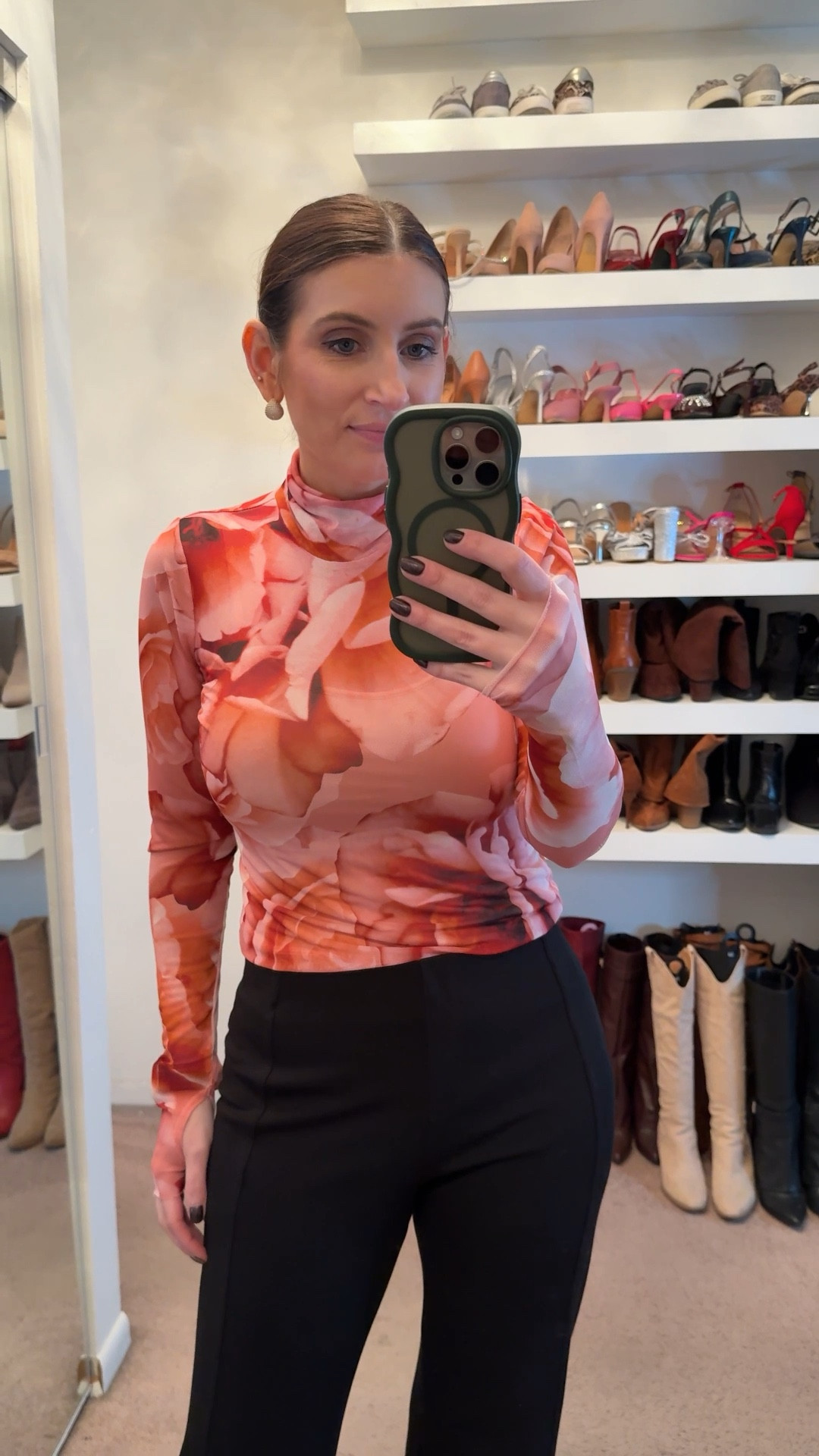 What I wore to work today, workwear outfit, casual outfit, AFRM floral print sheer top, black dress pants, black kitten heels, gold earrings, easy outfit  

#LTKWorkwear #LTKSaleAlert #LTKootd