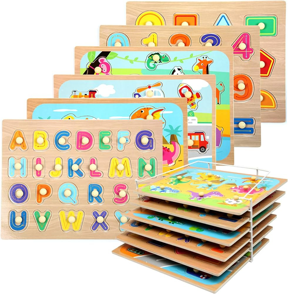 WOOD CITY Toddler Puzzles and Rack Set, Wooden Peg Puzzles Bundle with Storage Holder Rack, Educa... | Amazon (US)