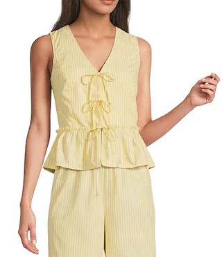 Striped V-Neck Sleeveless Tie-Front Peplum Hem Coordinating Top | Dillard's