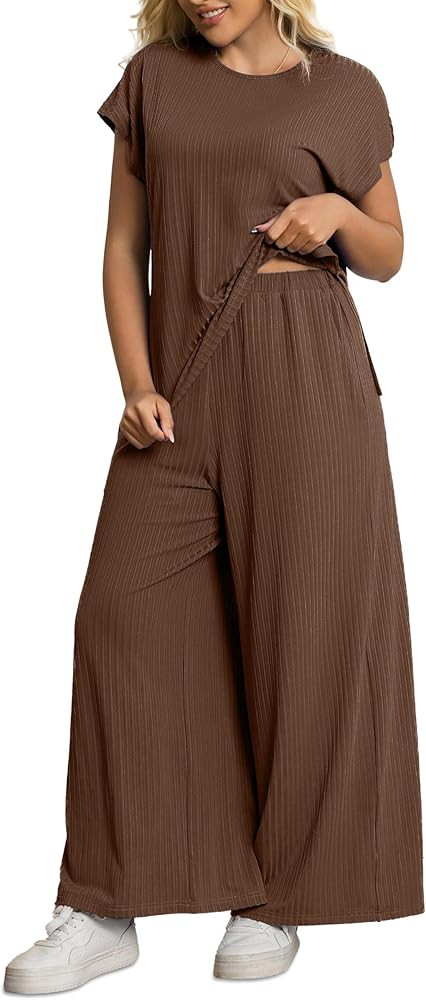 Women's 2 Piece Plus Size Lounge Set Summer Cap Sleeve Top Wide Leg Pants Matching Set Sweatsuits... | Amazon (US)