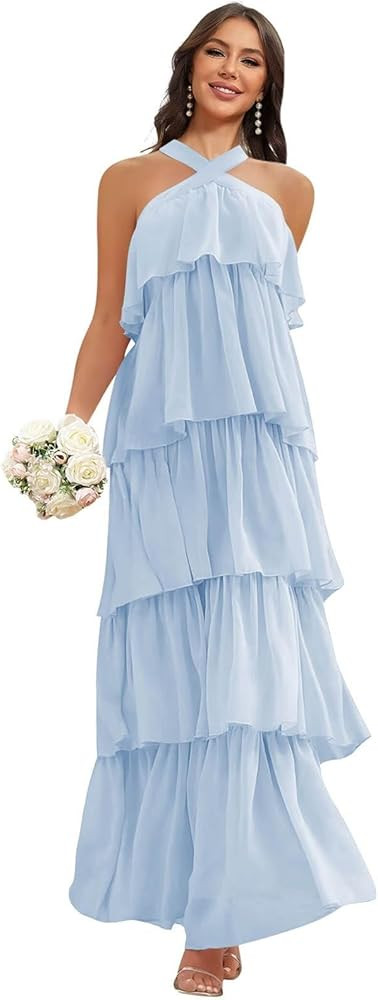Halter A-Line Chiffon Tiered Bridesmaid Dress Long Ruffled Sleeveless Formal Wedding Guest Dress ... | Amazon (US)