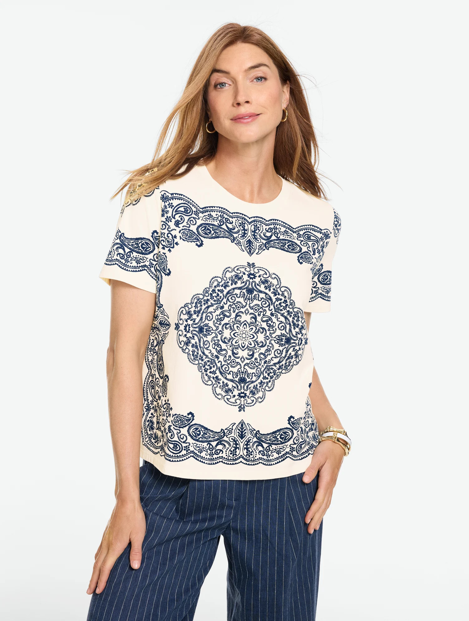 Short Sleeve Crewneck T-Shirt - Luxe Bandana - Ivory - XS - 100% Cotton Talbots | Talbots