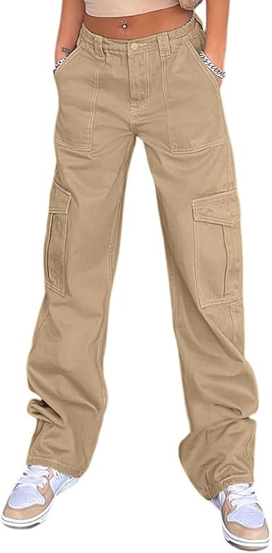 QYANGG High Waist Stretch Cargo Pants Women Baggy Multiple Pockets Relaxed Fit Straight Wide Leg ... | Amazon (US)