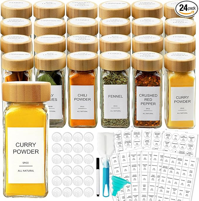 AISIPRIN Glass Spice Jars with Bamboo Lids | Square Spice Jar with Labels | Spice Bottles With Sh... | Amazon (US)
