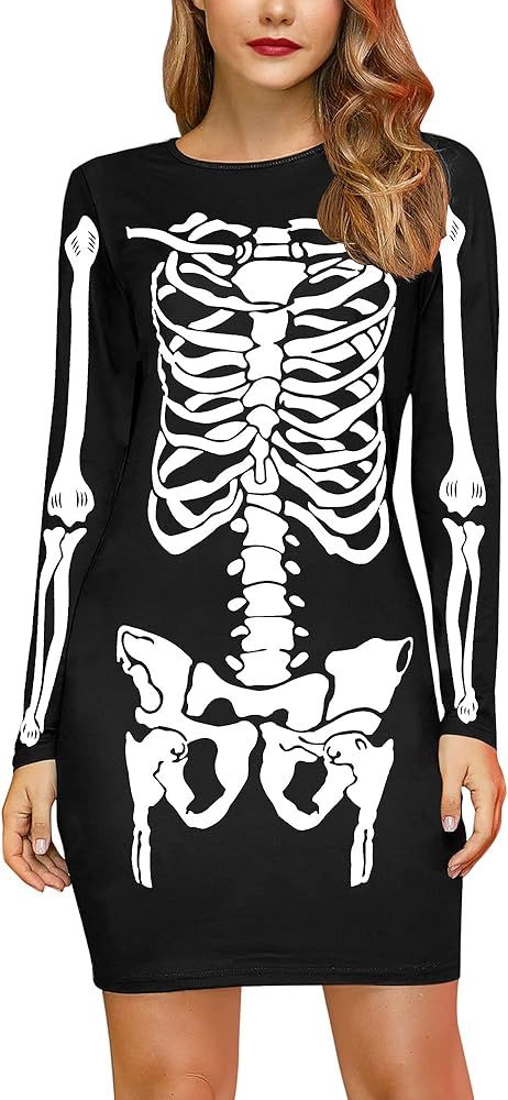 For G and PL Women's Halloween Costume Skeleton Funny Long Sleeve Midi Dresses | Amazon (US)