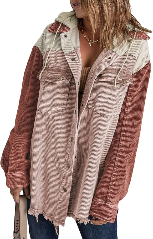 Sidefeel Women Corduroy Hooded Colorblock Long Sleeve Jacket Raw Hem Coat Outwear | Amazon (US)
