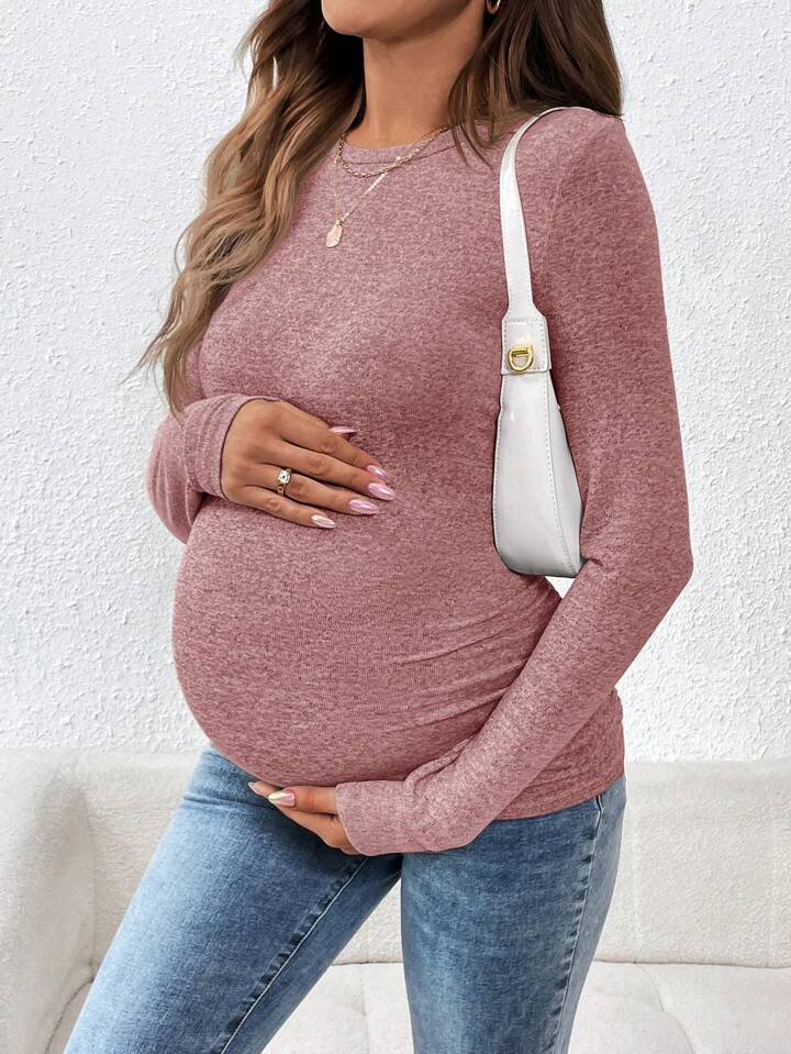 SHEIN Pregnant Women Casual Ruched Fitted Long Sleeve T-Shirt, Autumn, For Maternity | SHEIN