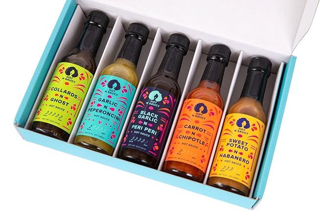 Hot N Saucy Holiday Hot Box, Set of 5 hot sauces- Collards N Ghost, Garlic N Peperoncini, Black G... | Amazon (US)