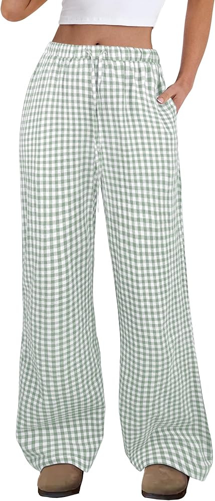 ANRABESS Women's Striped Gingham Pants 2026 Spring Pajama Lounge Boxer Pants Casual Wide Leg Draw... | Amazon (US)