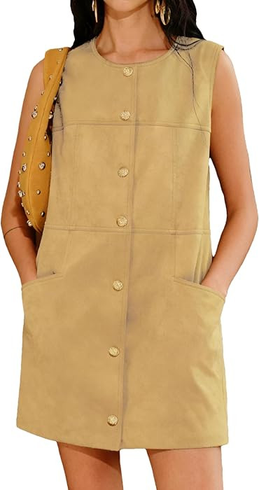 Bozanly Women's Vintage Faux Suede Pinafore Dress Button Down Mini Dresses | Amazon (US)