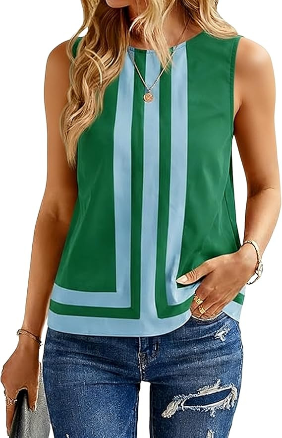 Watashi Women Color Block Sleeveless Blouse Summer Crewneck Geometric Striped Loose Fit Casual Ta... | Amazon (US)