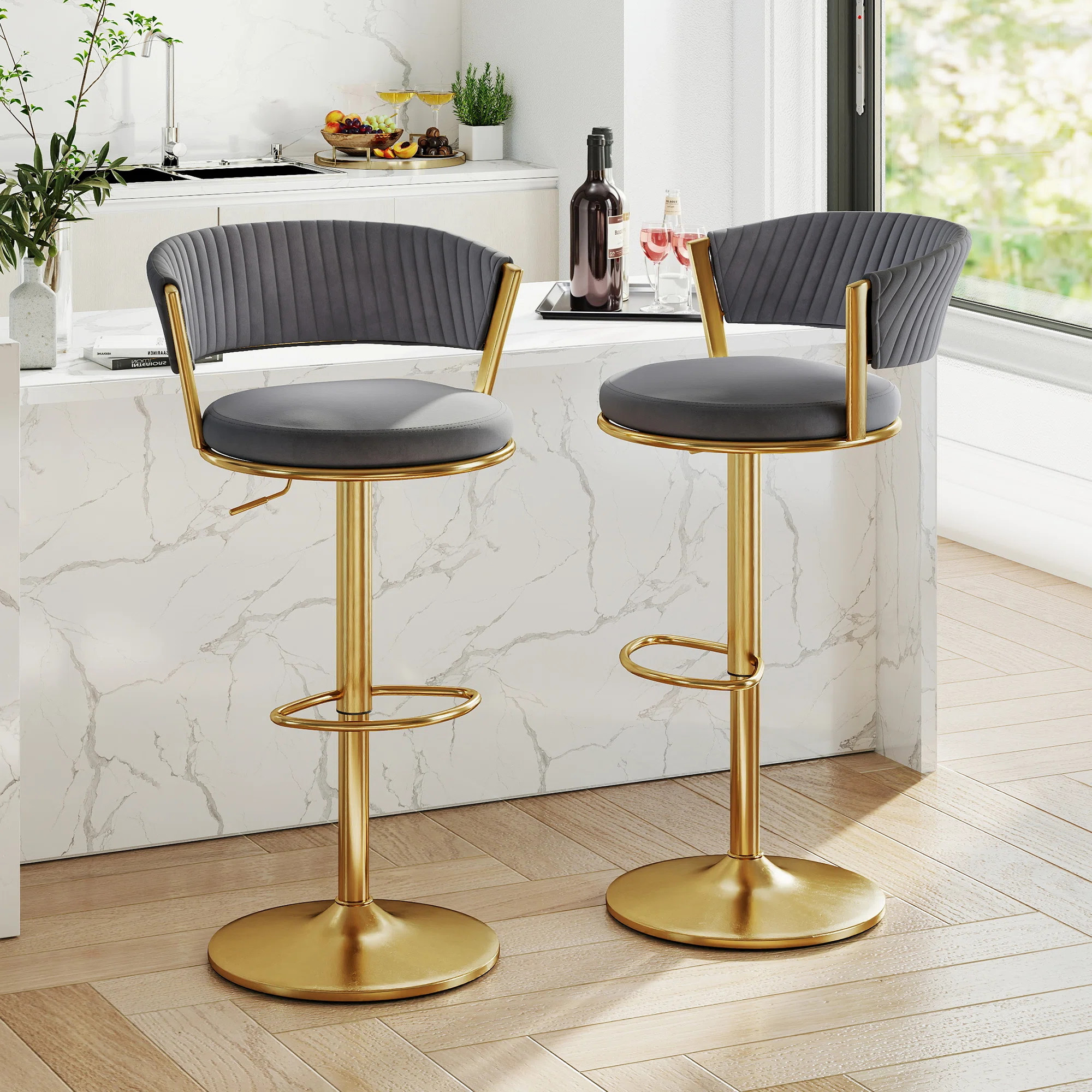 Adjustable 360° Swivel Bar Stools Counter Height Velvet Bar Chairs with Gold Metal Frame & Footr... | Wayfair North America