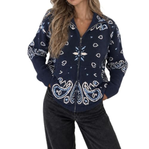 Women Zip Up Bandana Cardigan Sweater Paisley Printed Knit Cardigan Jacket | Amazon (US)