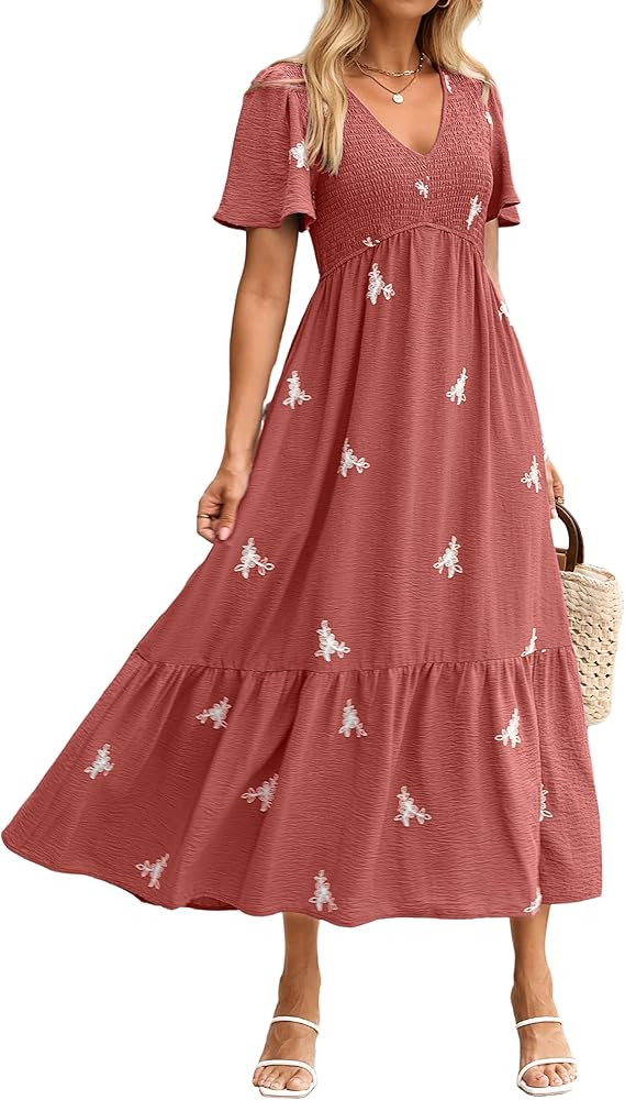 BerryGo Women's Summer Casual Flowy Maxi Dress - V Neck Flutter Sleeve Smocked Empire Waist Embro... | Amazon (US)