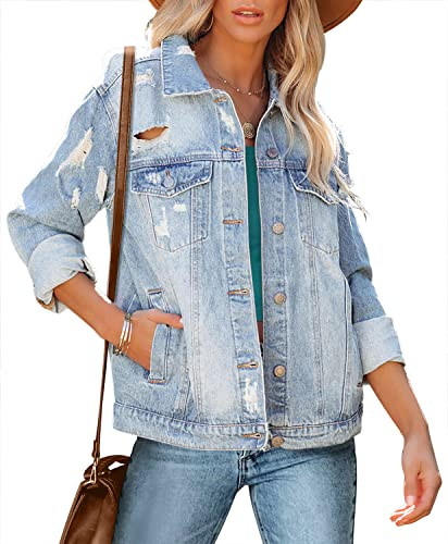 Ripped Denim Jacket for Women Blue Blue Long Sleeve Washed Jean Jacket Classic Regular Fit Jacket Coat Outfits with Pockets | Amazon (US)