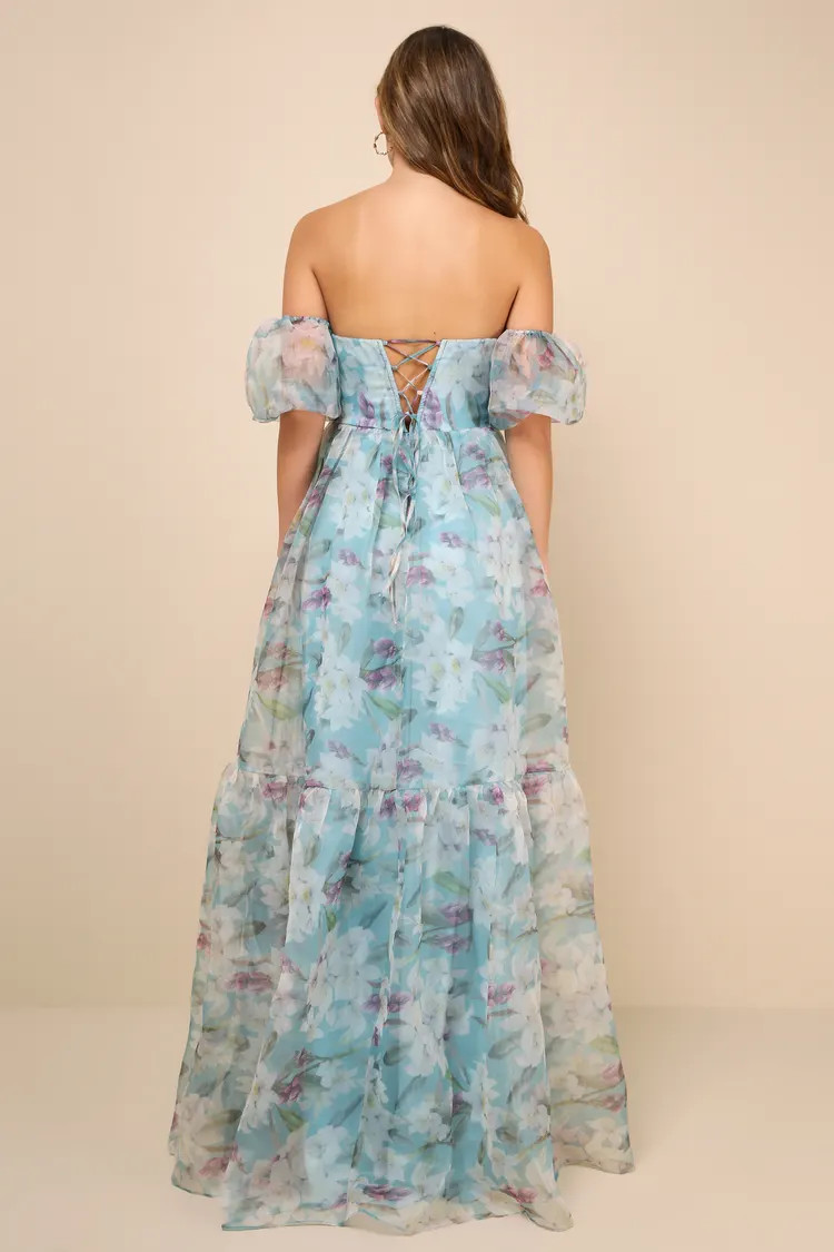 Blissful Glamour Blue Floral Tiered Off-the-Shoulder Maxi Dress | Lulus