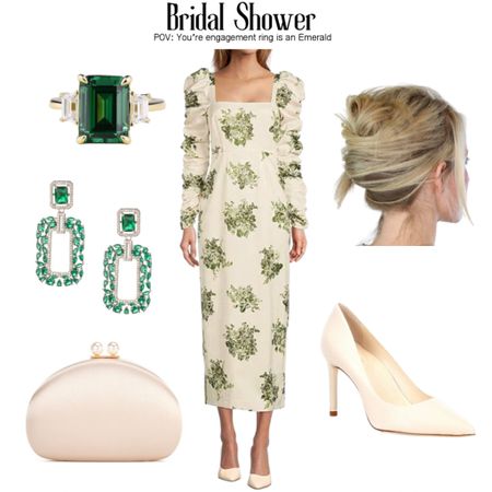 POV: Your engagement ring is an emerald and it’s your bridal shower. I love the beautiful, natural green and cream floral combo against the sharp square neck and puff sleeve. This neckline pulls all the attention to the neck so compliment it with a classic French twist hair style. There’s something wonderfully British about this whole look to me 👰‍♀️ 💚 💚 💚

#LTKwedding #LTKFind #LTKstyletip