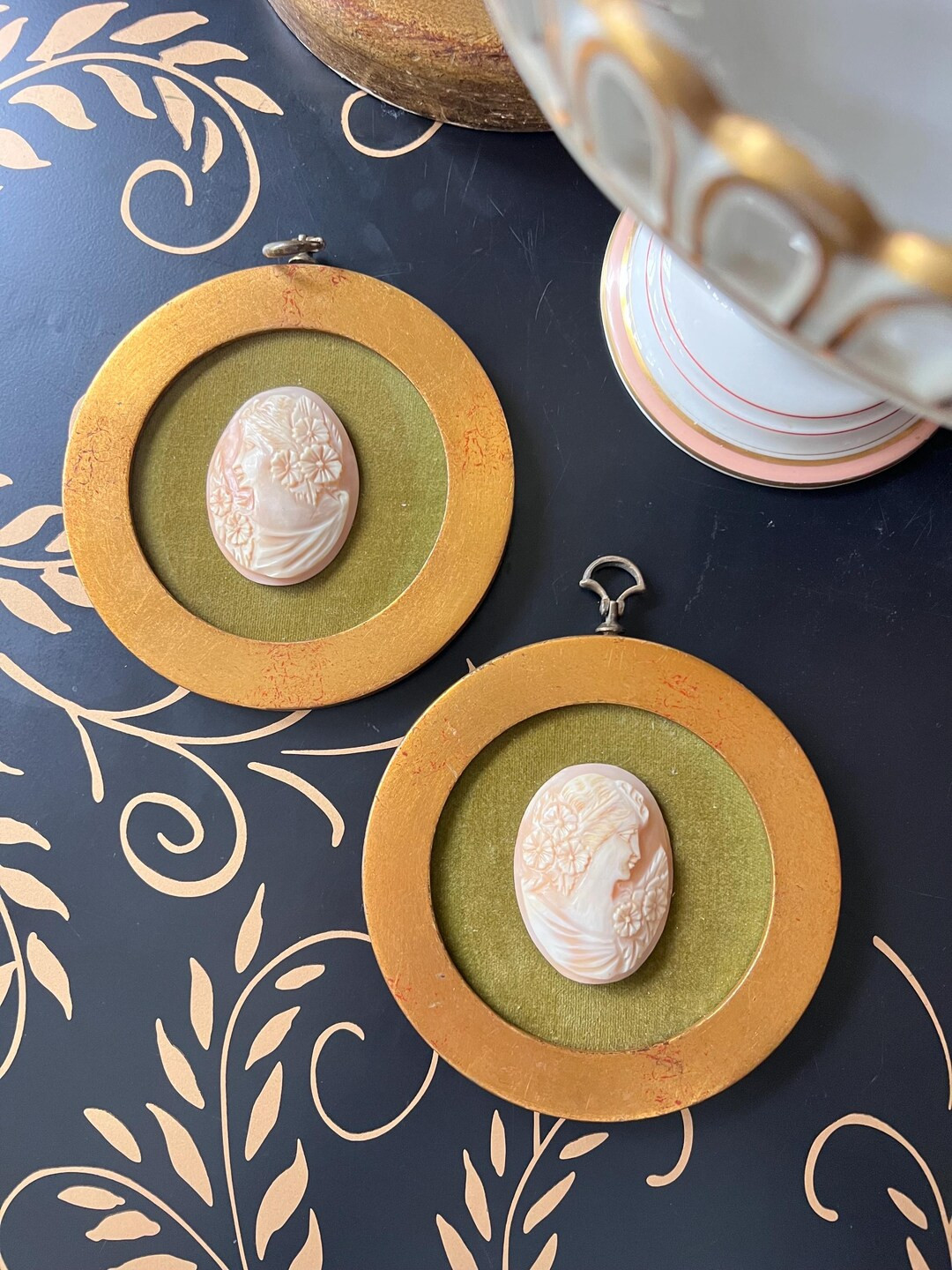 Pair of Vintage Shell Cameos Mounted on Velvet in Round Gold Frames // Antique Wall Decor // Gall... | Etsy (US)