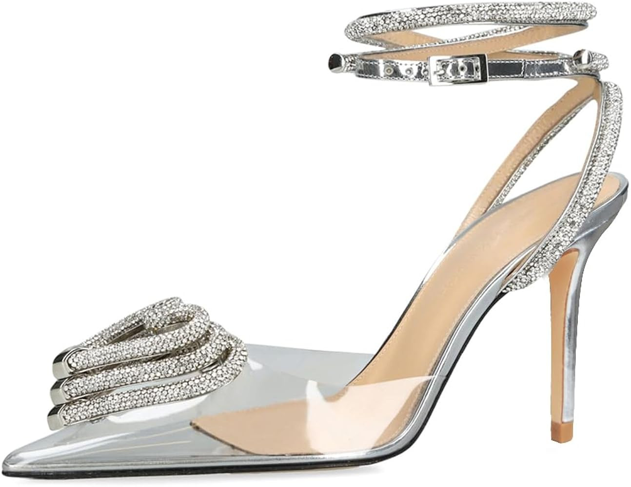 Ancomafio Rhinestone Heels For Women Stiletto Heel Three Heart Clear Heels Strappy Sandals Pointe... | Amazon (US)