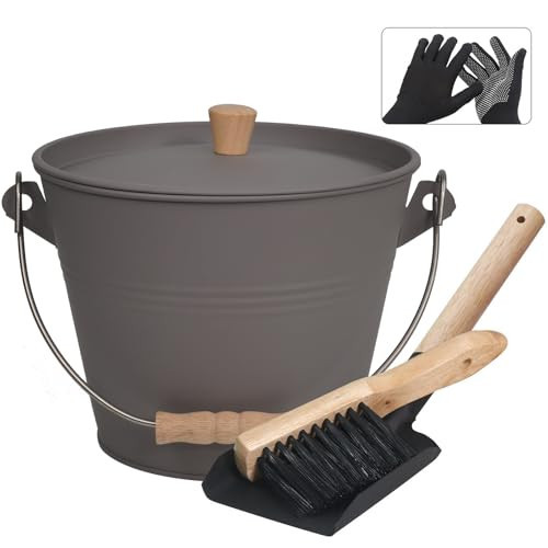 Poofzy Ash Bucket with Lid, 1.3 Gallon Ash Bucket for Fireplace, Metal Fireplace Bucket for Ashes Includes Shovel and Hand Broom for Wood Burning Stove and Fire Pit - Gray | Amazon (US)
