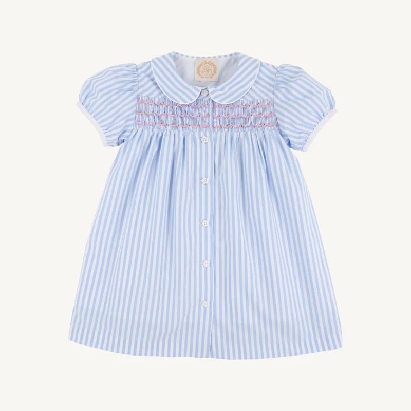 Smocked Tabitha's Teacher's Pet Dress - Beale Street Blue Stripe with | The Beaufort Bonnet Company