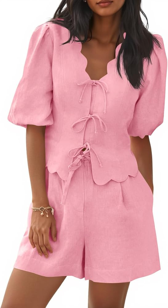 Cicy Bell Womens Summer 2 Piece Short Sets Puff Short Sleeve V Neck Bow Tie Front Tops Wide Leg S... | Amazon (US)