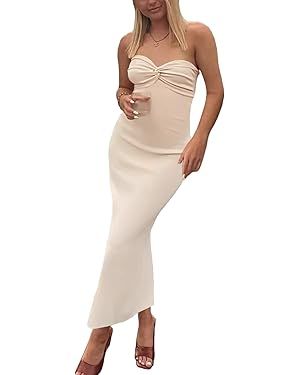LILLUSORY Women's 2023 Summer Knitted Dresses Sexy Twisted Front Strapless Midi Bodycon Dress wit... | Amazon (US)
