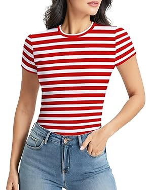 Striped Shirt Short Sleeve Crewneck T-Shirts, Fitted Ribbed Tee | Amazon (US)