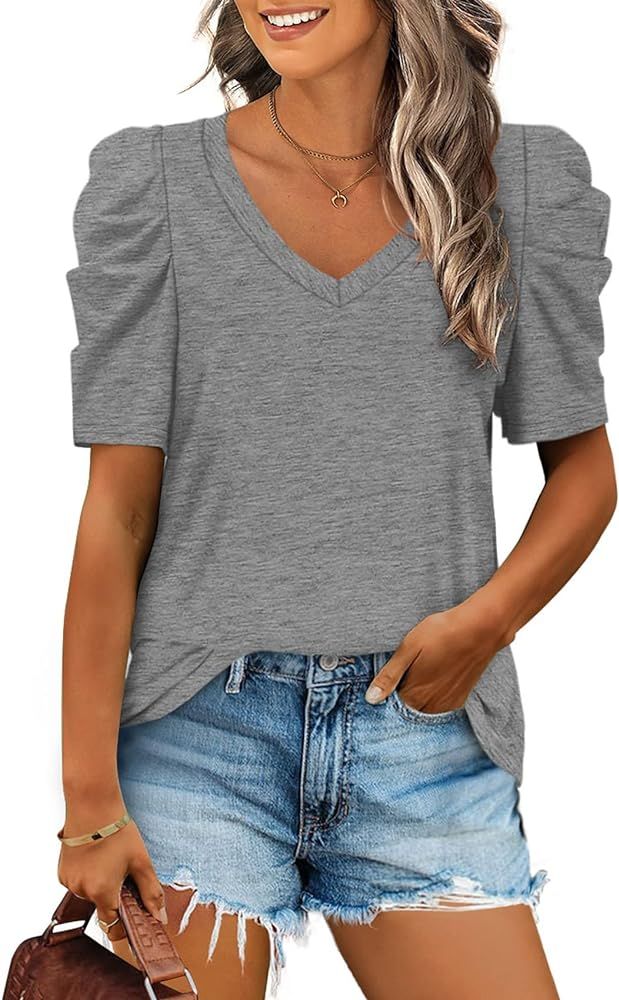 XIEERDUO Womens Summer Shirt V Neck Casual Tshirs Puff Sleeve Tops for Women Solid Color S-2XL | Amazon (US)