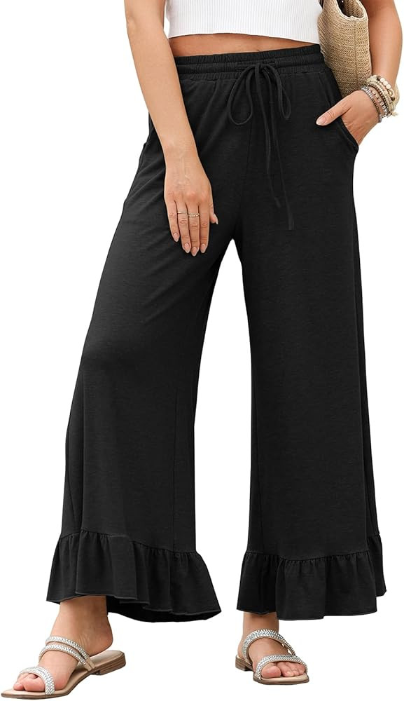 EVALESS Womens Wide Leg Pants Drawstring Elastic High Waisted Ruffle Hem Palazzo Pants with Pocke... | Amazon (US)