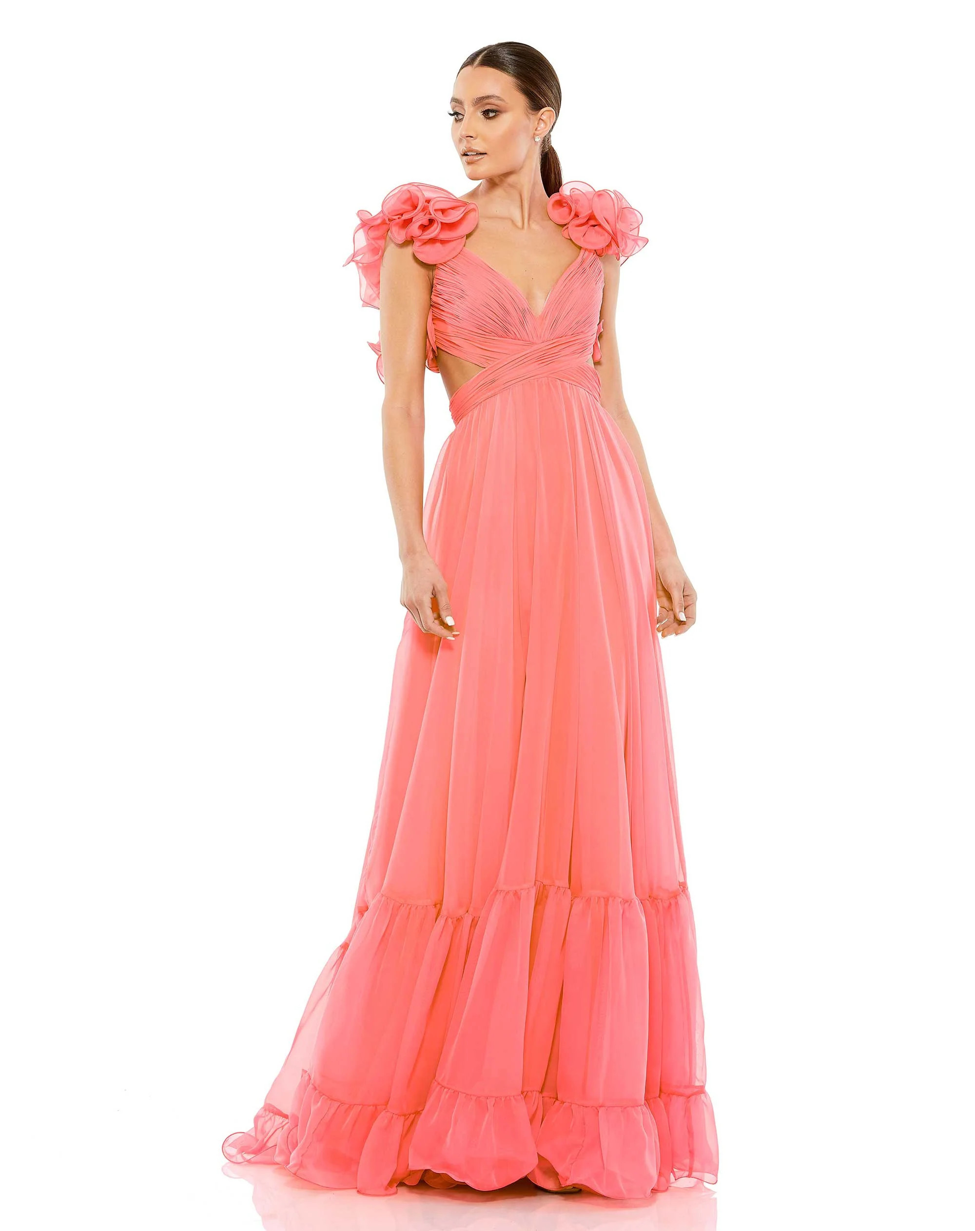 RUFFLE TIERED CUT-OUT CHIFFON GOWN | Mac Duggal