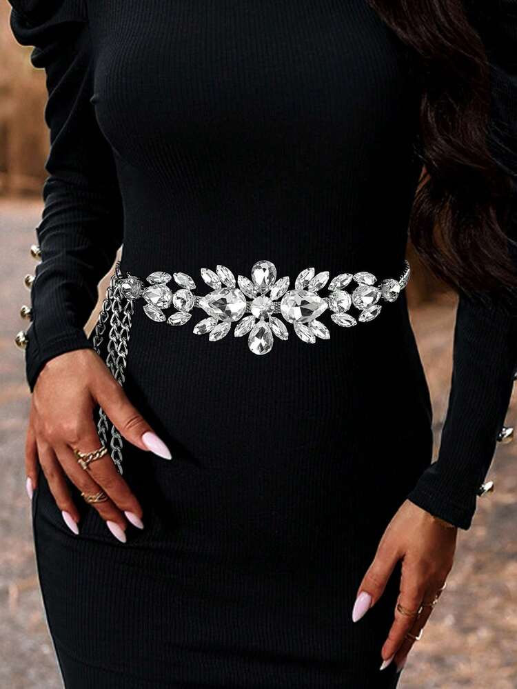 1pc Women's Silver Color Chain Belt With Rhinestone Embellishment, Elegant | SHEIN