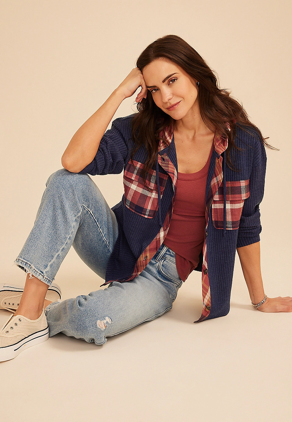 Plaid Hood Waffle Knit Shacket | Maurices