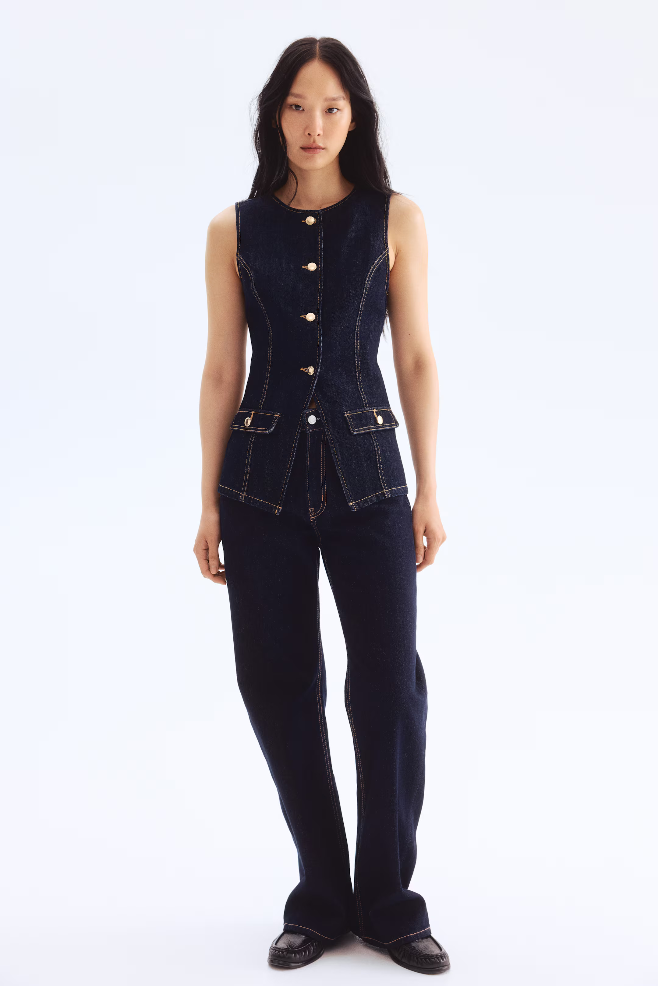 Tapered-waist denim waistcoat - Dark denim blue - Ladies | H&M GB | H&M (UK, MY, IN, SG, PH, TW, HK)