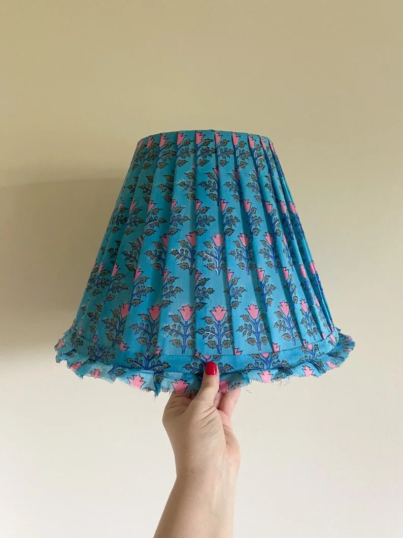 Pleated Floral Lampshade With Ruffle Block Print Fabric - Etsy | Etsy (US)