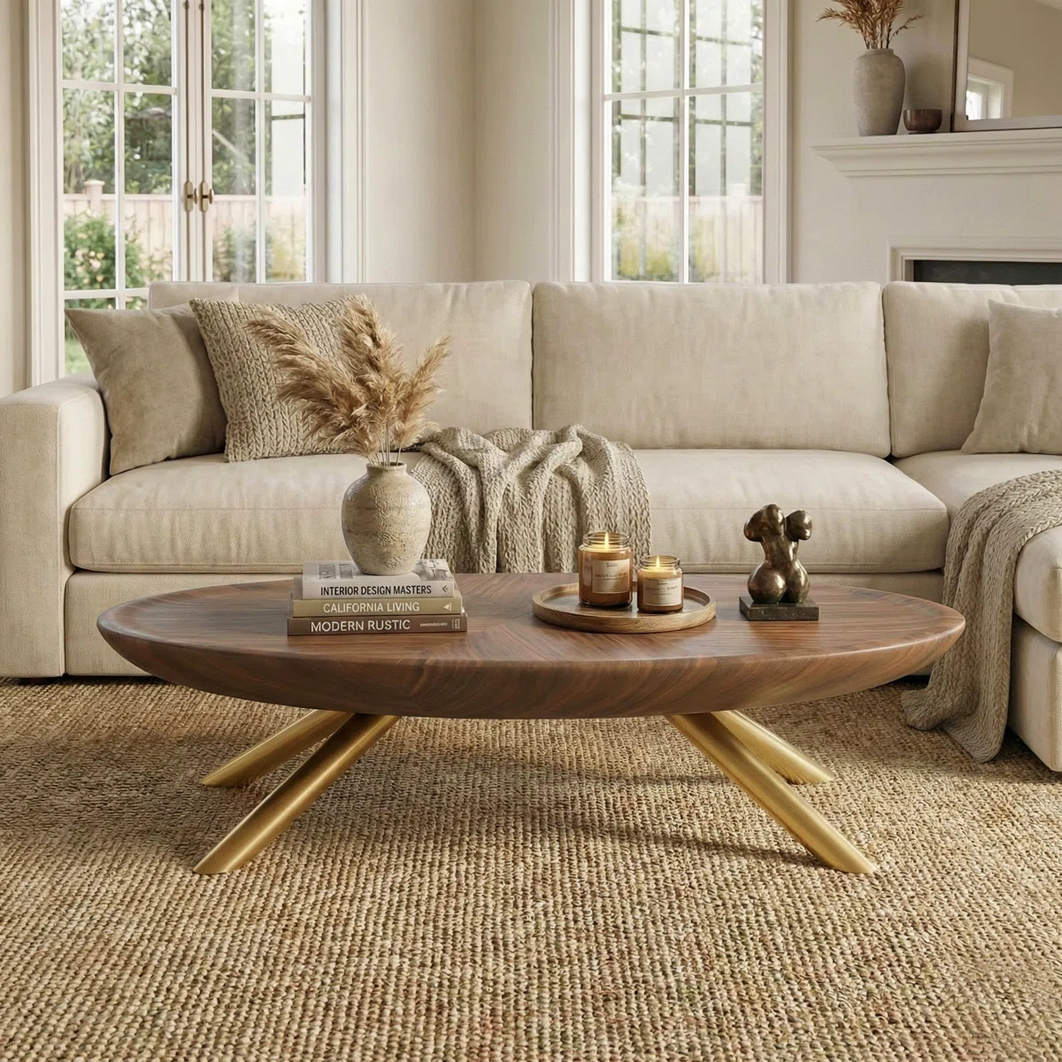 51" Oval Coffee Table, Modern Walnut Wood Cocktail Table with Gold Metal Legs, Mid-Century Center... | Wayfair North America