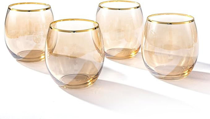 MyGift 14 oz Deluxe Vintage Amber Stemless Wine Glass Drinking Glasses with Brass Rim Accent, Ret... | Amazon (US)