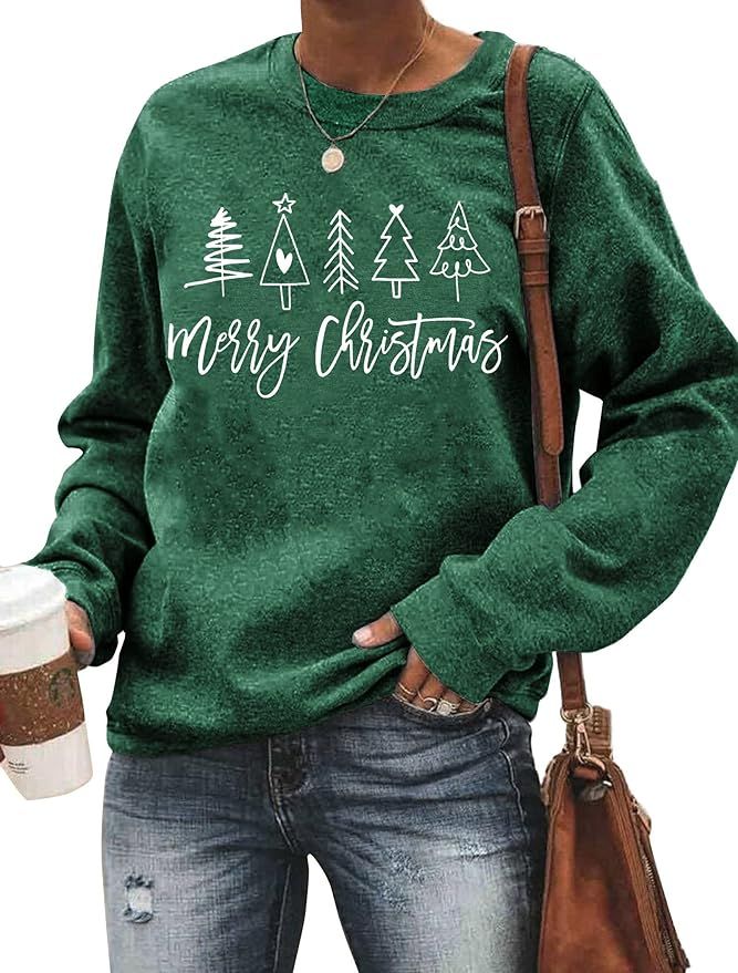 Christmas Shirts for Women Merry Christmas Tree Graphic Sweatshirt Xmas Heart Holiday Tops Tee | Amazon (US)