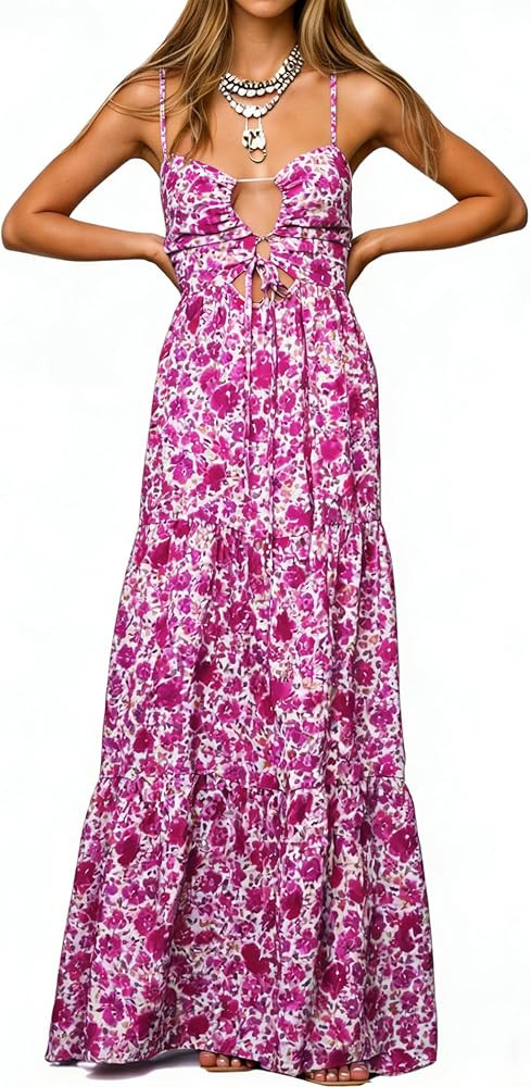 Womens Summer Floral Spaghetti Strap Backless Low Cut Smocked Milkmaid Flowy Beach Sundresses | Amazon (US)