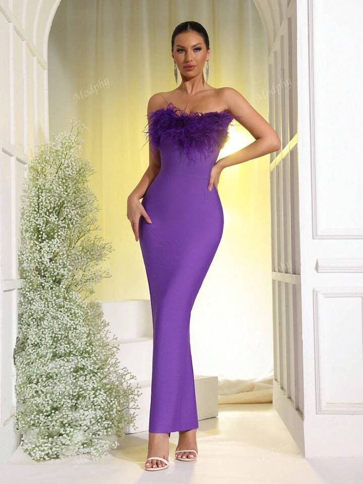 Modphy Vestido maxi de vendaje con plumas falsas, sin tirantes y sin espalda, con diseño ajustad... | SHEIN