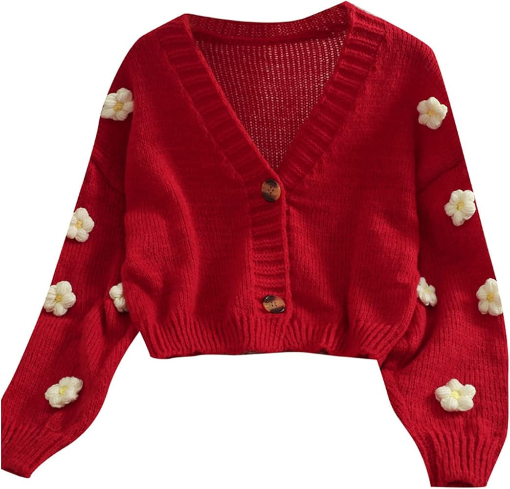 Sweaters,Korean Autumn V-Neck Single-Breasted Loose Sweater Cardigan for Women 3D Colorful Flower... | Amazon (US)