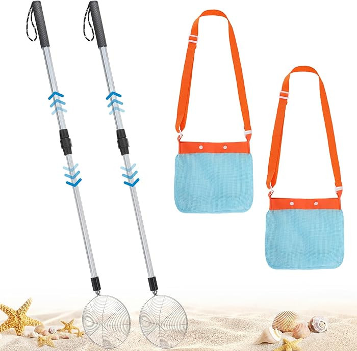 2 Pack Sand Sifter with Seashell Bags - 21.6"~33" Adjustable Shark Tooth Sifter for The Beach Sea... | Amazon (US)