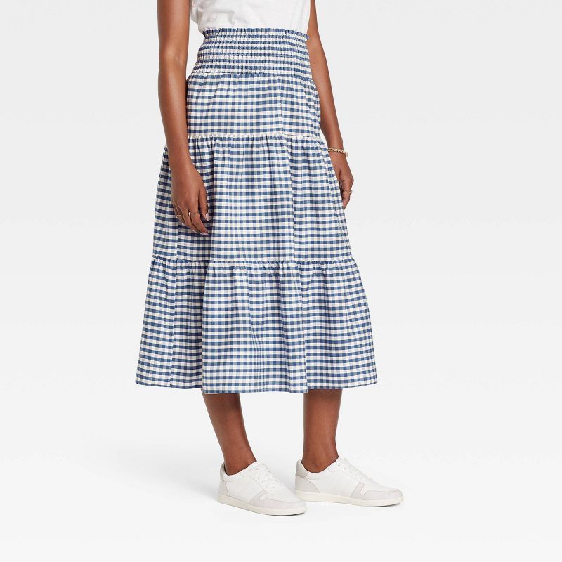 Women's High-Rise Tiered Midi A-Line Skirt - Universal Thread™ Blue Gingham Check | Target