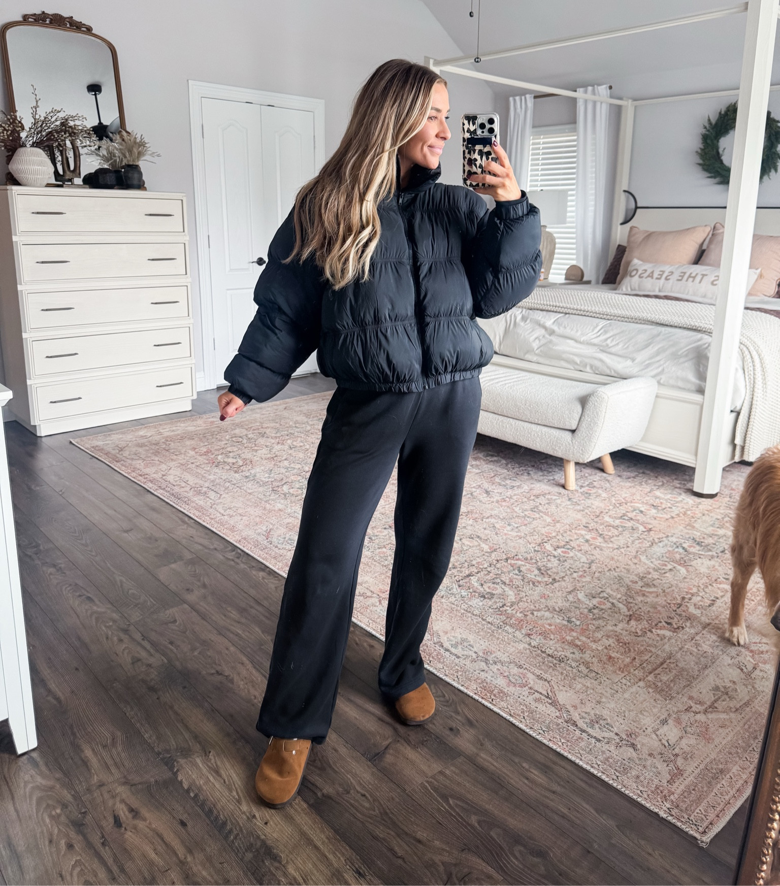 Large in jacket 
Small in sweats 
Shoes TTS