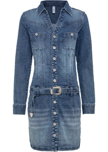Robe en jean stylée avec patte de boutonnage et boucle de ceinture originale - bleu denim | Bonprix FR