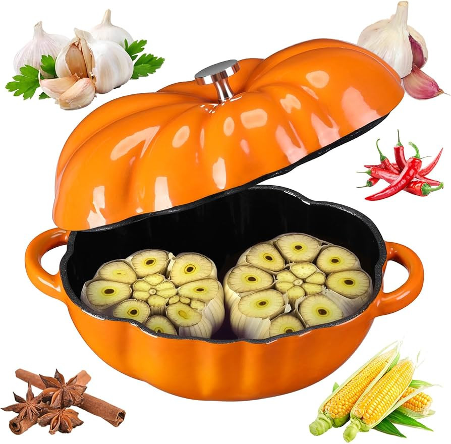 Pumpkin Cocotte Pumpkin Cast Iron Dutch Oven Pre-seasoned Cast Iron Garlic Roaster Heat Resistant... | Amazon (US)
