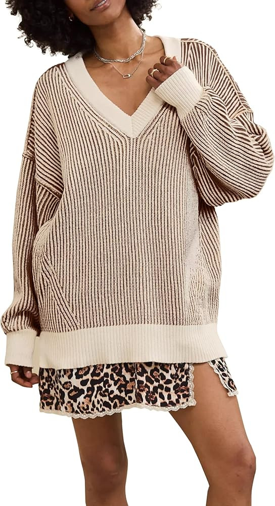 Women's Striped Sweaters Oversized Sweater V Neck Drop Shoulder Long Sleeve Loose Fit Knit Pullov... | Amazon (US)